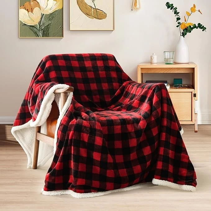 Christmas Sherpa Fleece Throw Blanket - Red Buffalo Plaid (Winter Warmth) factory