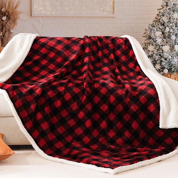 Christmas Sherpa Fleece Throw Blanket - Red Buffalo Plaid (Winter Warmth) high quality